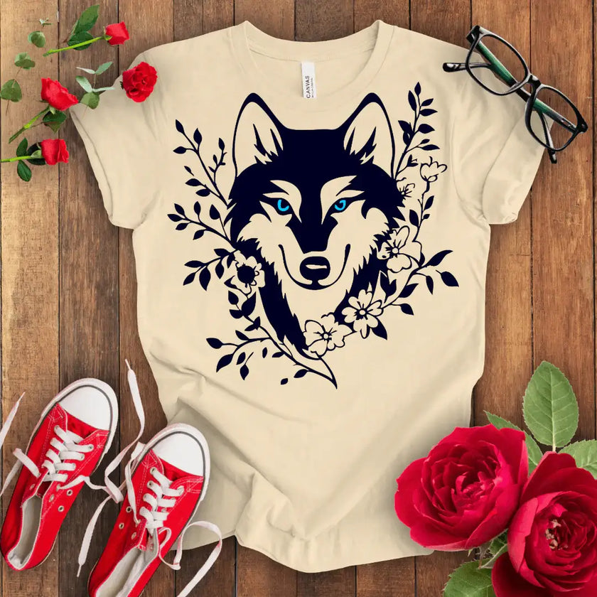 Green Eye Wolf Tee - Floral Design - STYLISHOUR