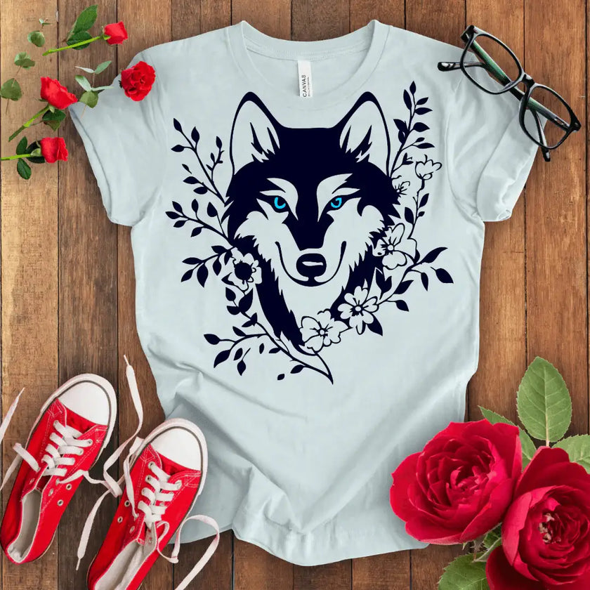 Green Eye Wolf Tee - Floral Design - STYLISHOUR
