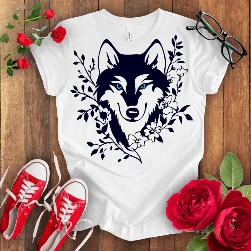 Green Eye Wolf Tee - Floral Design - STYLISHOUR