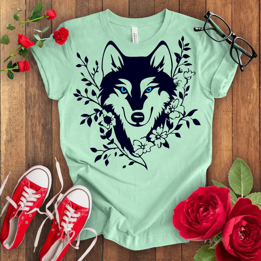 Green Eye Wolf Tee - Floral Design - STYLISHOUR