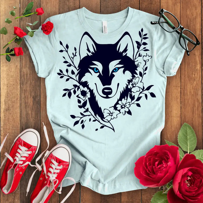 Green Eye Wolf Tee - Floral Design - STYLISHOUR