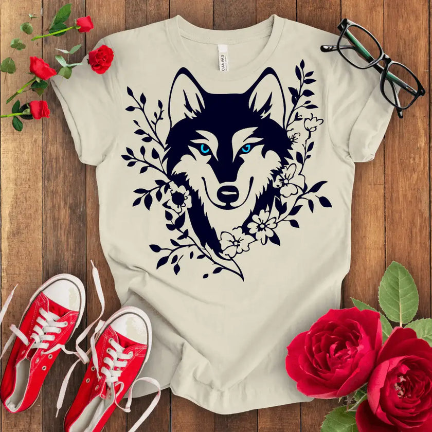 Green Eye Wolf Tee - Floral Design - STYLISHOUR